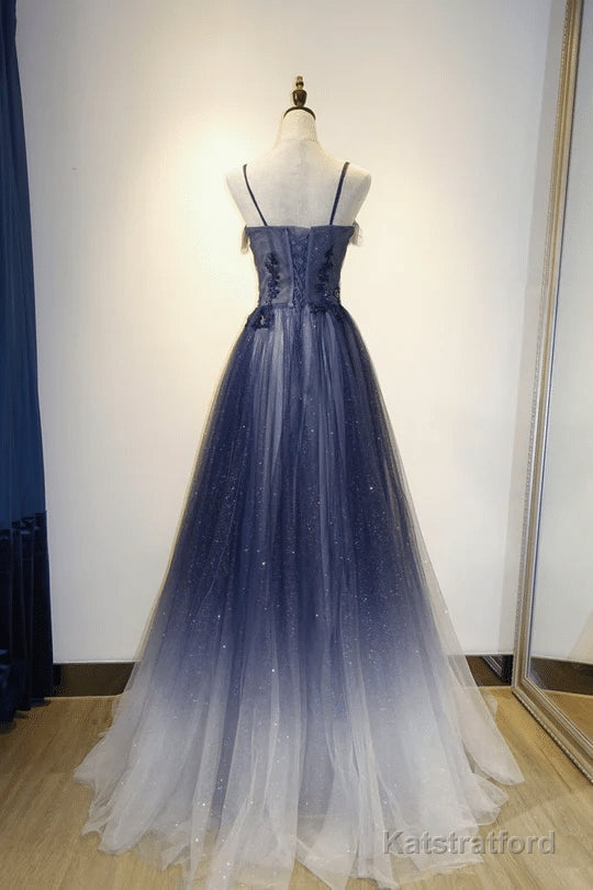 Blue Gradient Straps Tulle Long Party Dress with Lace Blue Junior Prom Dress prom dresses shops