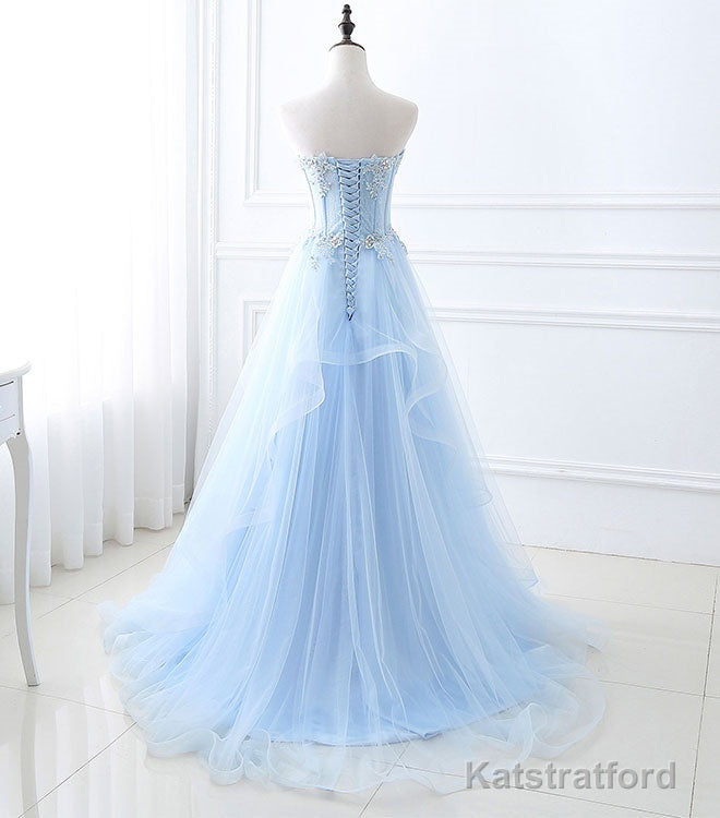 Blue Long Prom Dresses, Aline Sweetheart Neck Blue Formal Graduation Dresses