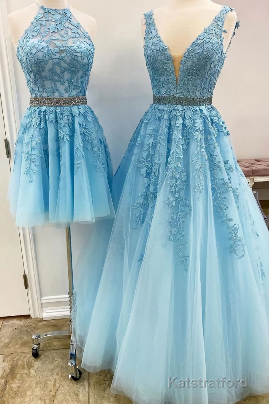 Blue Tulle Lace Prom Dresses, Blue Tulle Lace Formal Evening Dresses
