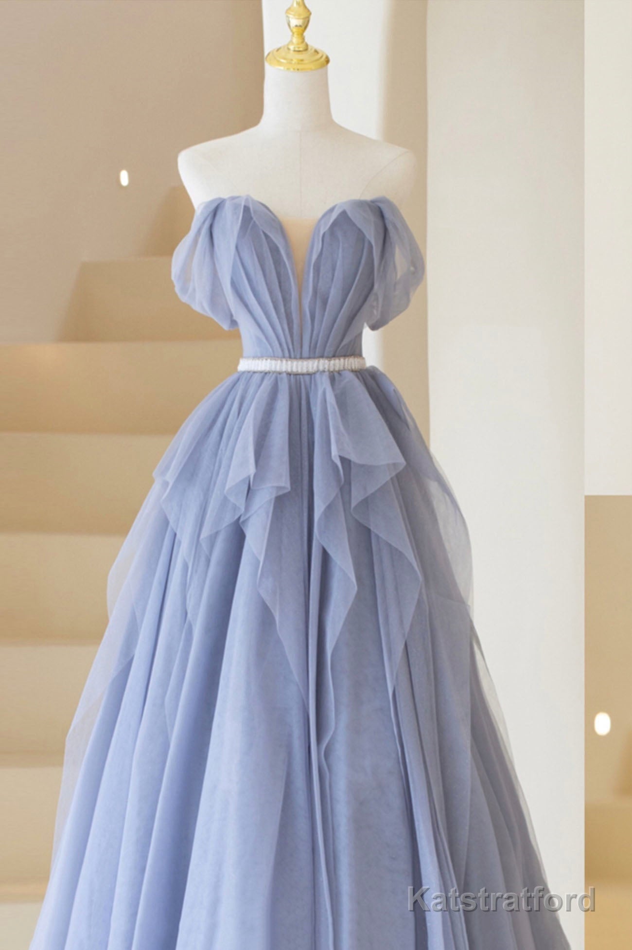 Blue Tulle Long A-Line Prom Dress, Cute Strapless Graduation Dress