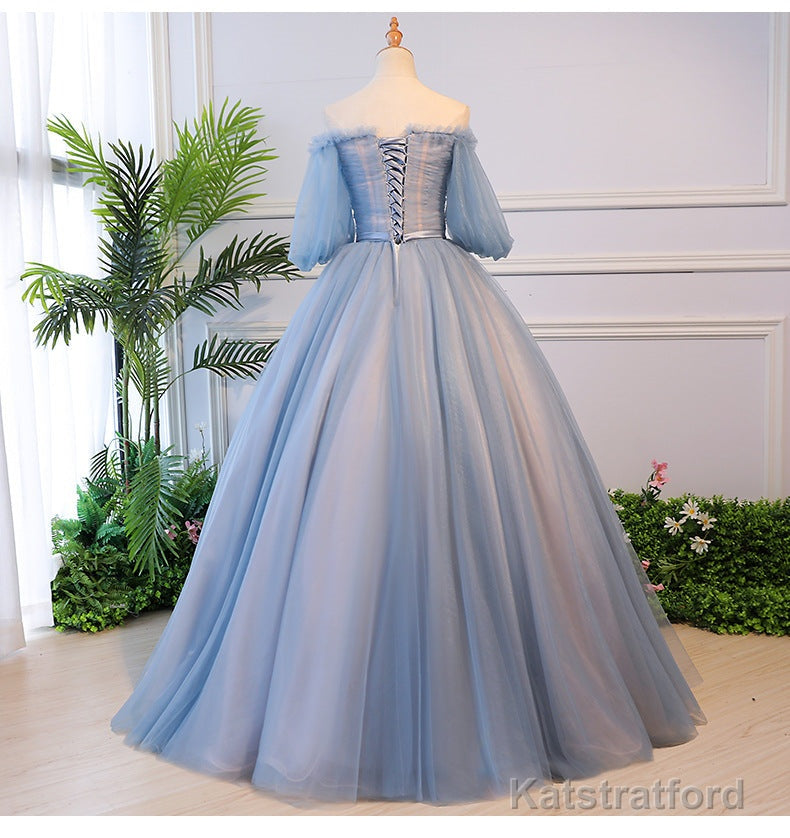 Blue Tulle Off Shoulder with Lace Floral Long Party Dress, Cute Party Dress Prom Dress