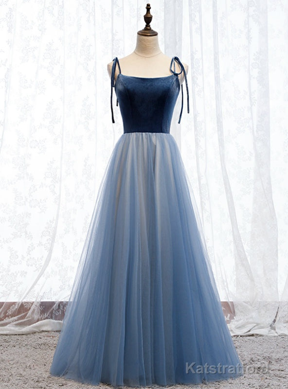 Blue Tulle Velvet Spaghetti Straps Open Back Prom Dress