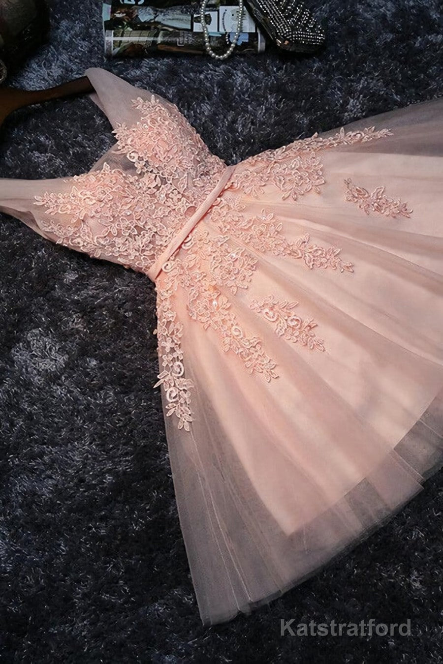 Blush Pink Lace Appliqued Tulle Homecoming Dresses,Formal Dress
