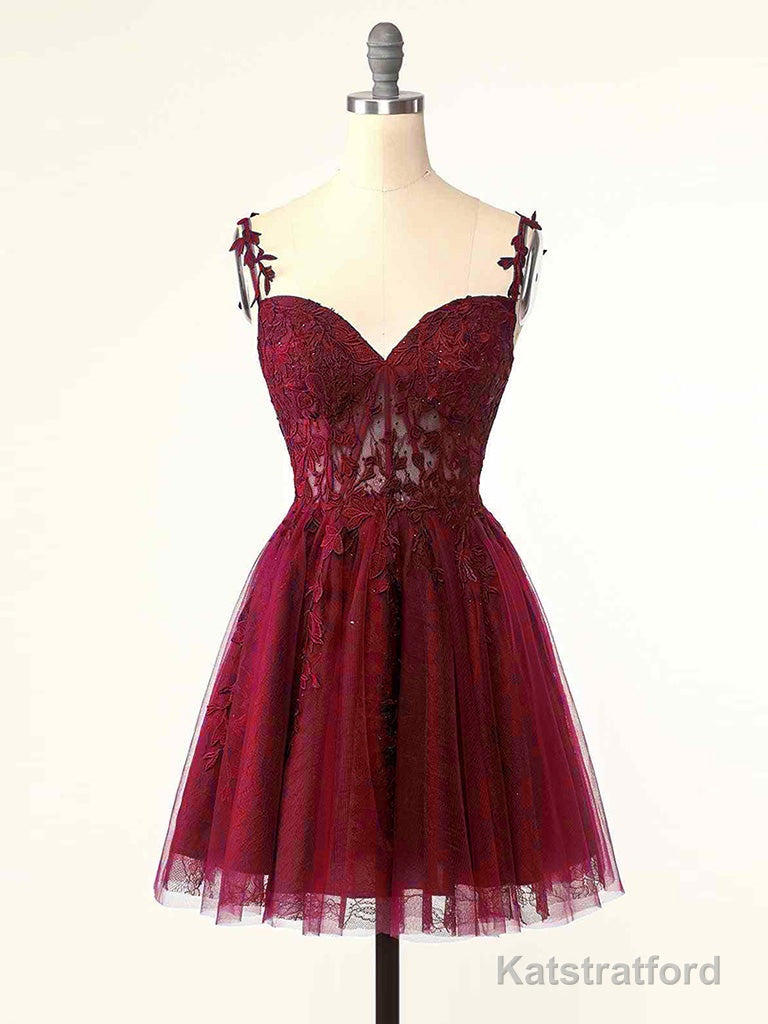 Burgundy A-Line Tulle Lace Short Prom Dress, Cute Burgundy Homecoming Dress