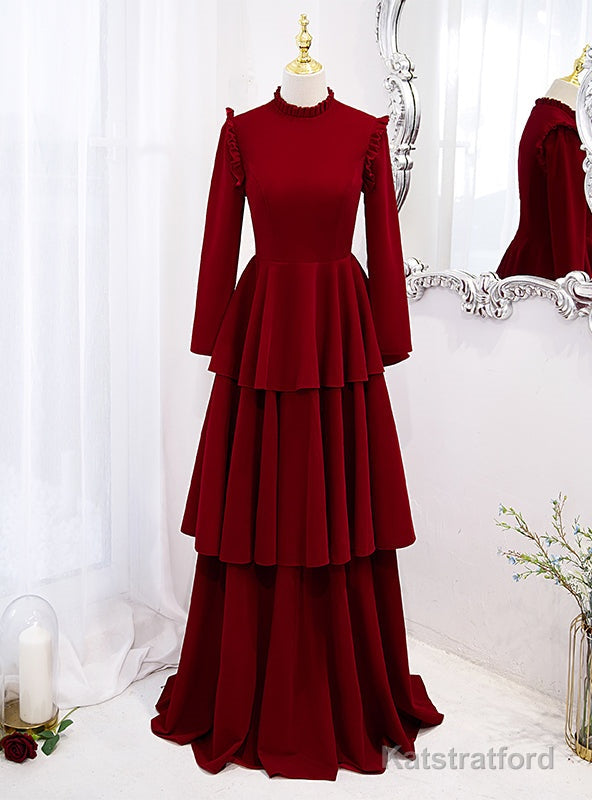 Burgundy High Neck Long Sleeve Prom Dress
