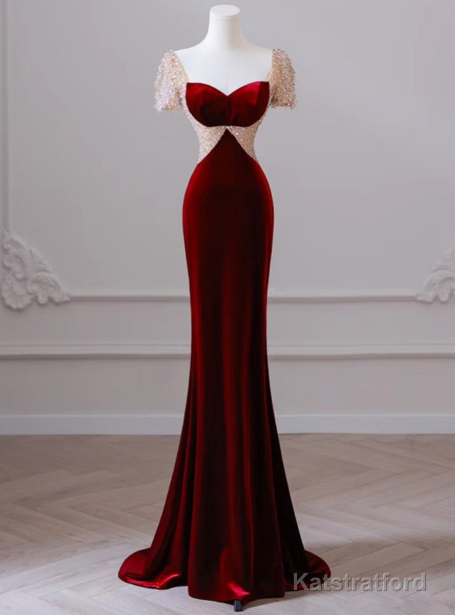 Burgundy Memraid Velvet Short Sleeve Beading Prom Dress