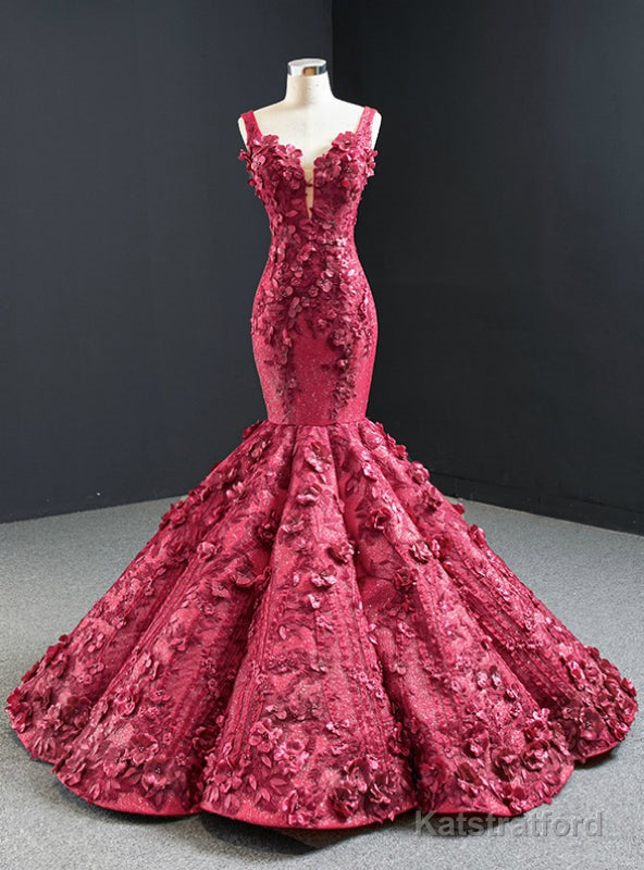 Burgundy Mermaid 3D Appliques Beading Straps Prom Dress
