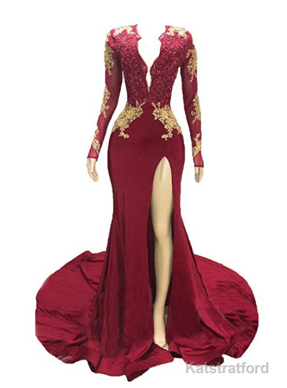 Burgundy Mermaid Deep V-neck Long Sleeve Backless Prom Dress