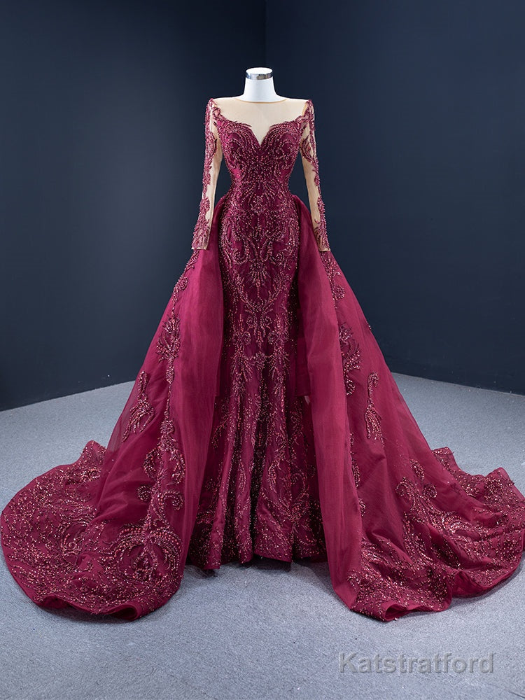 Burgundy Mermaid Long Sleeve Handwork Beading Prom Dress