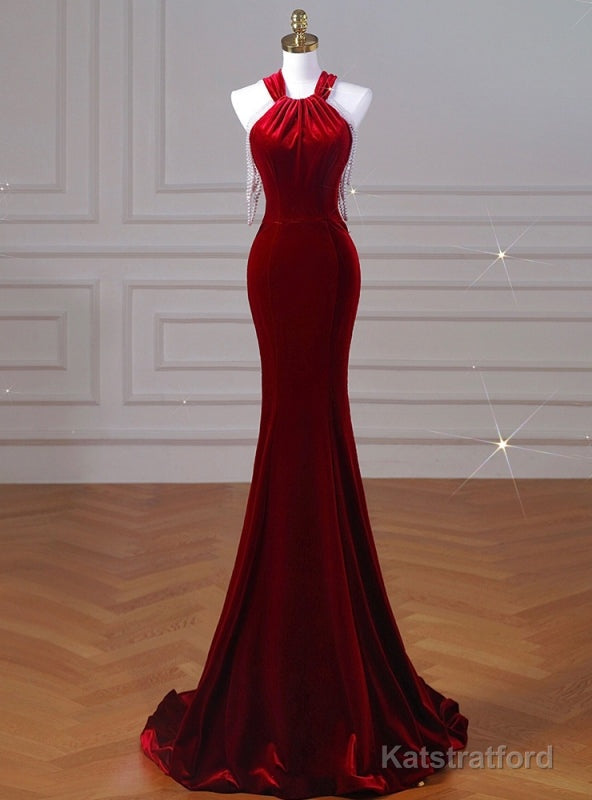 Burgundy Mermaid Velvet Halter Pearls Prom Dress