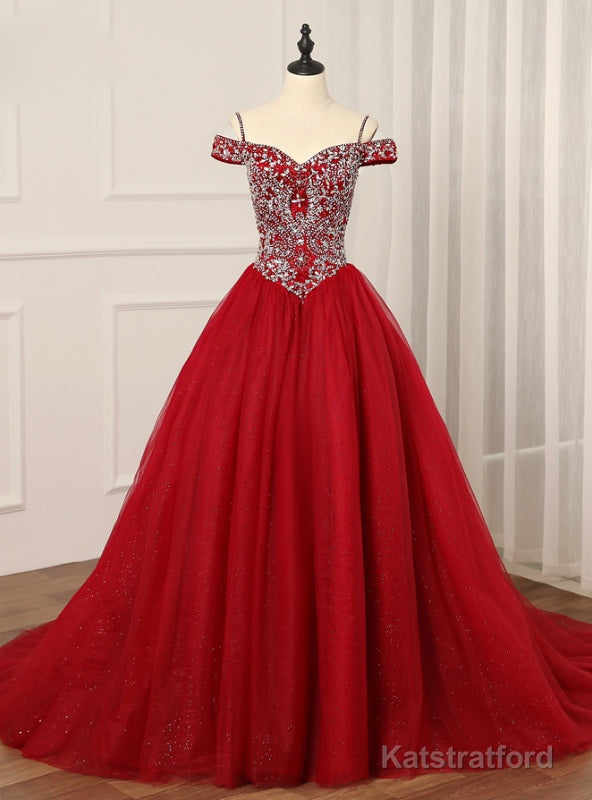 Burgundy Off the Shoulder Tulle Ball Gown Crystal Quinceanera Dress