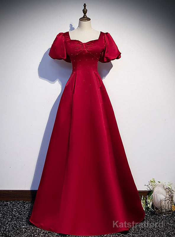 Burgundy Satin Backless Puff Sleeve Beading Prom Dress