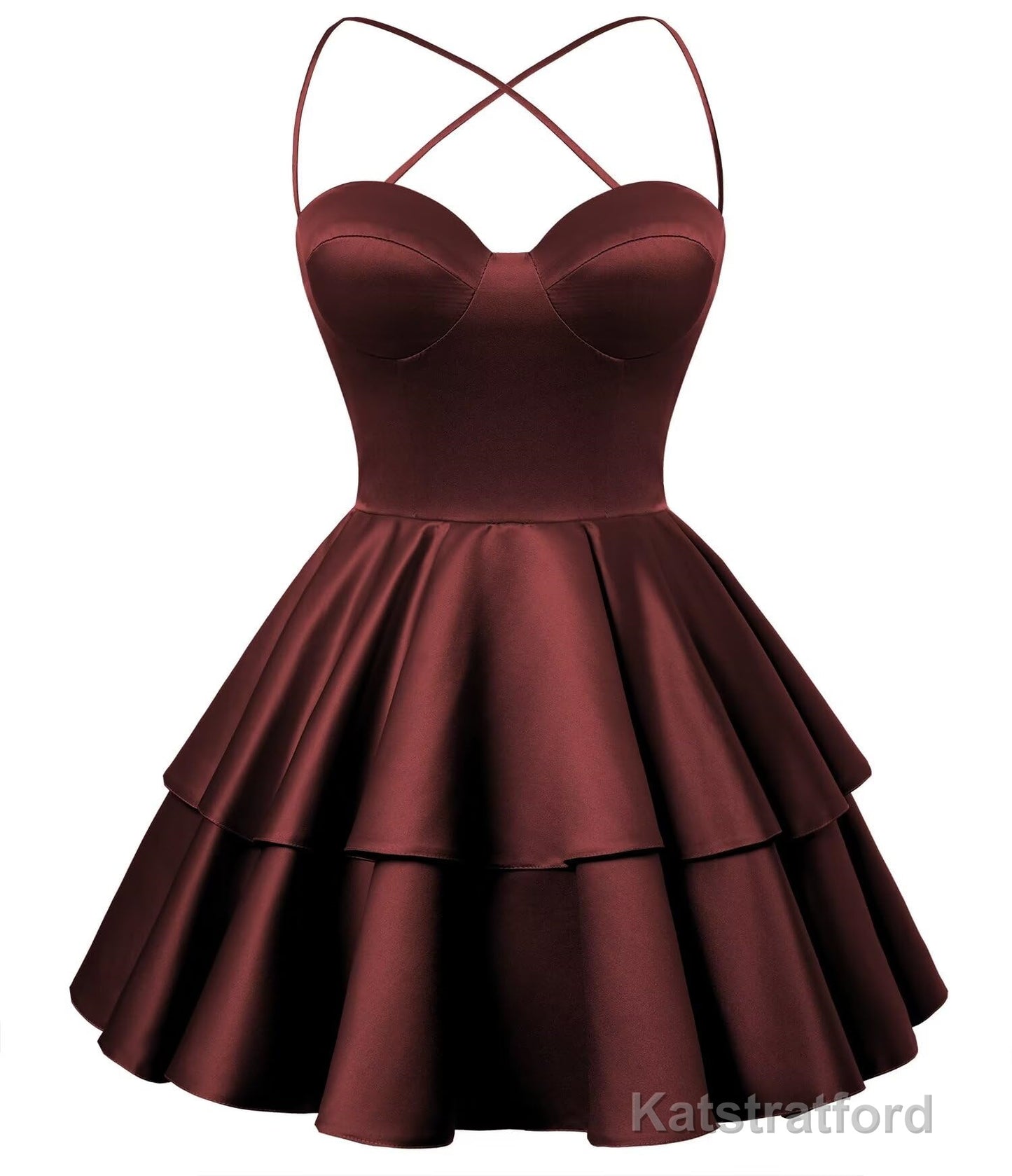 Burgundy Satin Homecoming Dress Sweetheart Neck Tiered Short Graduation Dresses
