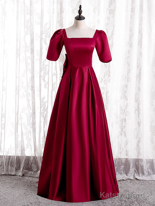 Burgundy Satin Short Sleeve Bow Prom Dress