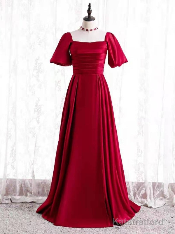 Burgundy Satin Square Short Sleeve Prom Dress
