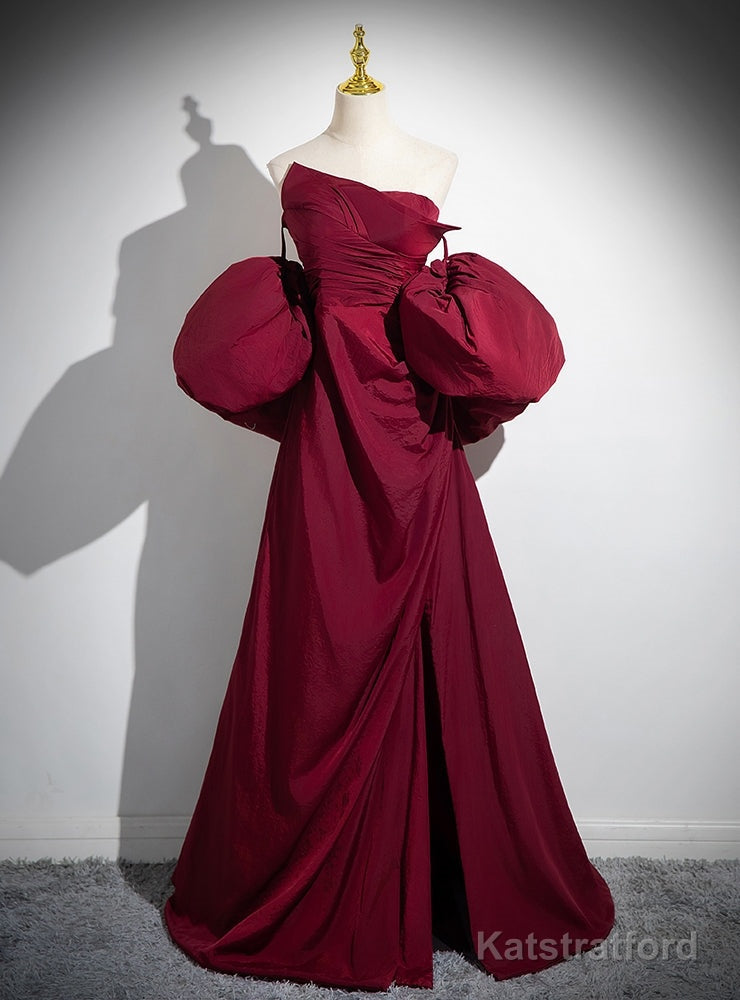 Burgundy Strapless Pleats Puff Sleeve Prom Dress