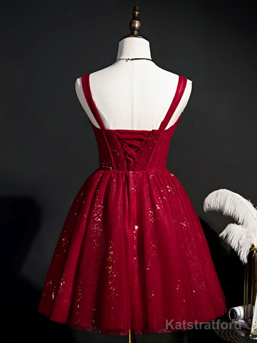 Burgundy Sweetheart Neck Tulle Sequin Short Prom Dress, Puffy Cute Homecoming Dresses
