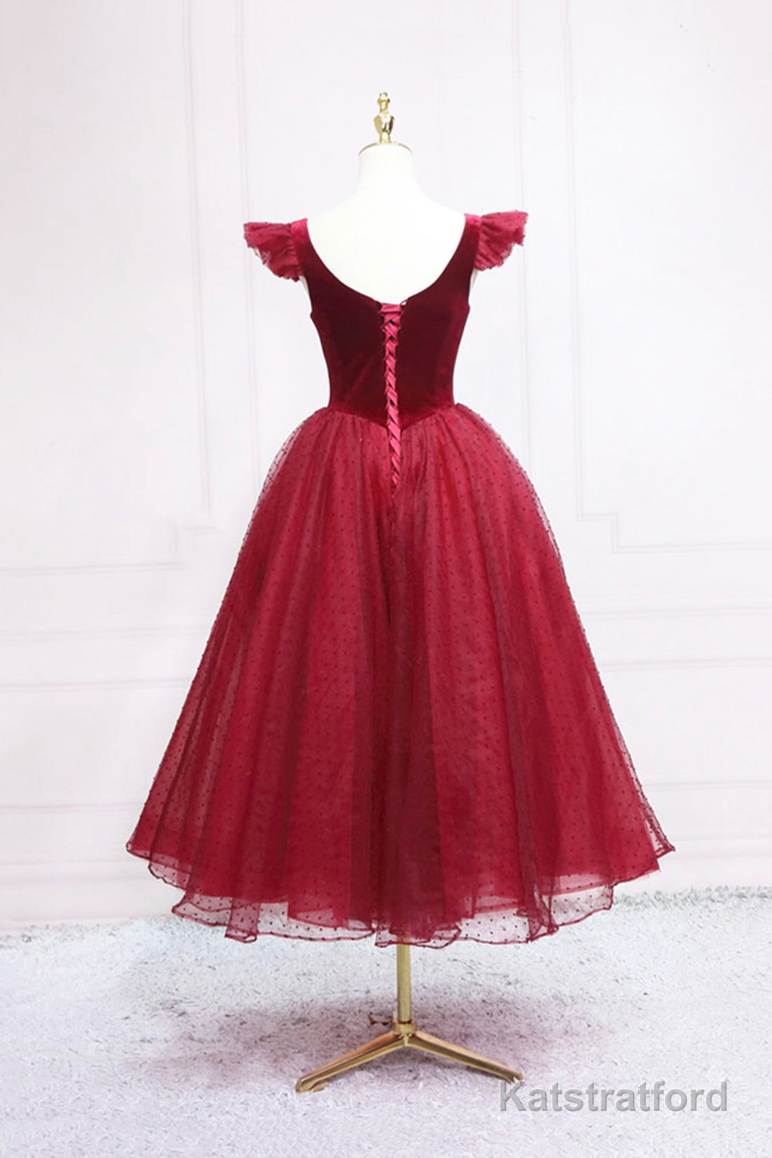 Burgundy Velvet Tulle Tea Length Prom Dress, Cute A-Line Party Dress