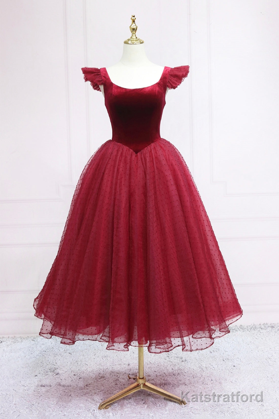 Burgundy Velvet Tulle Tea Length Prom Dress, Cute A-Line Party Dress
