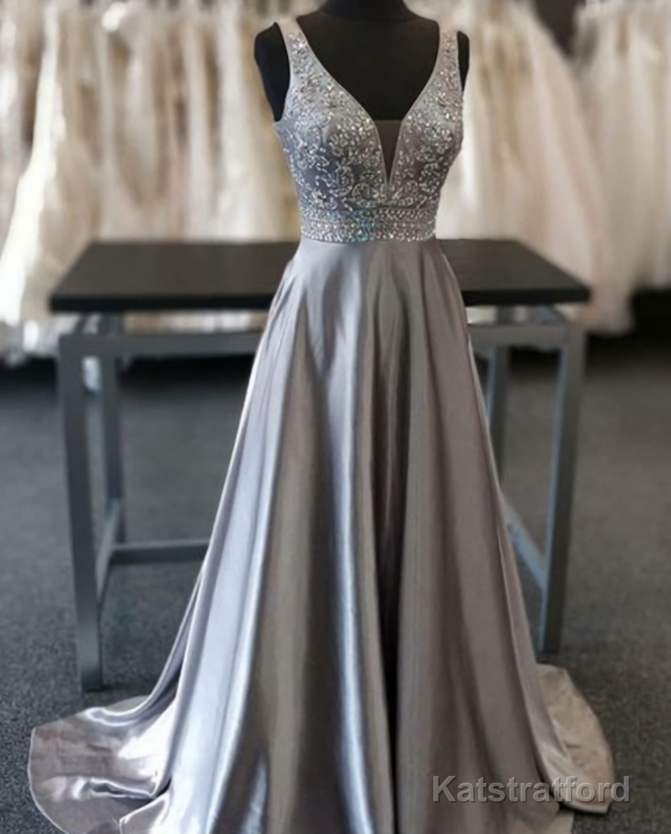 Beautiful Elegant Silver Grey Prom Dress, Beaded Evening Gowns V Neck Formal Dress, Special Occasion Dress
