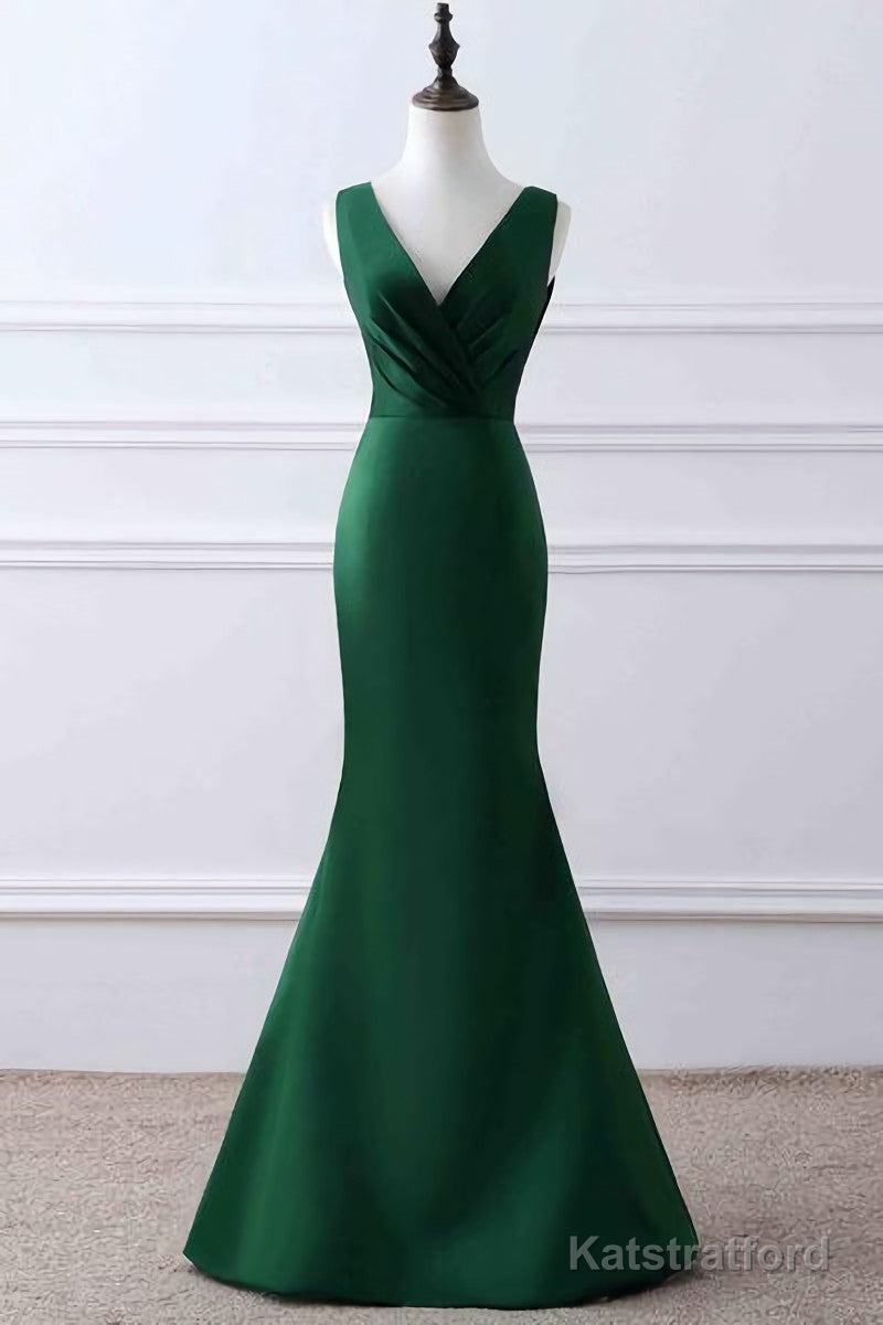 Prom Dress, Green Matte Satin V Neck Mermaid Unique Design Evening Dress