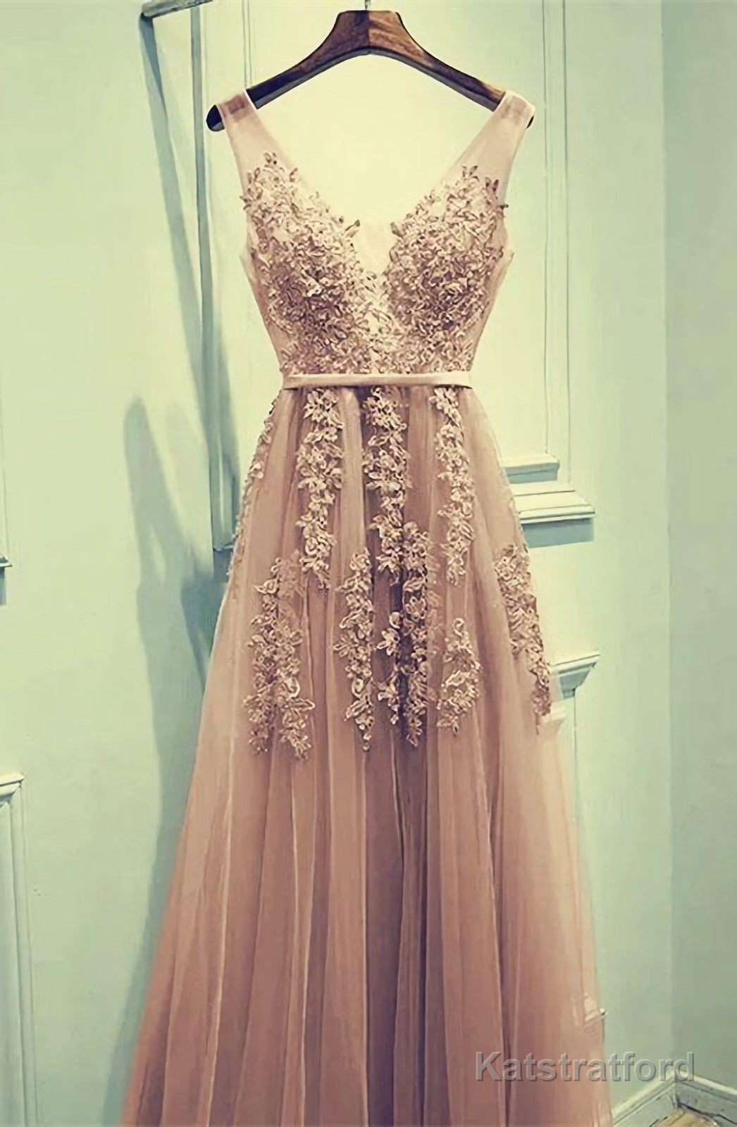 Lace Prom Dresses, Champagne Tulle Bridesmaid Dresses, Appliques