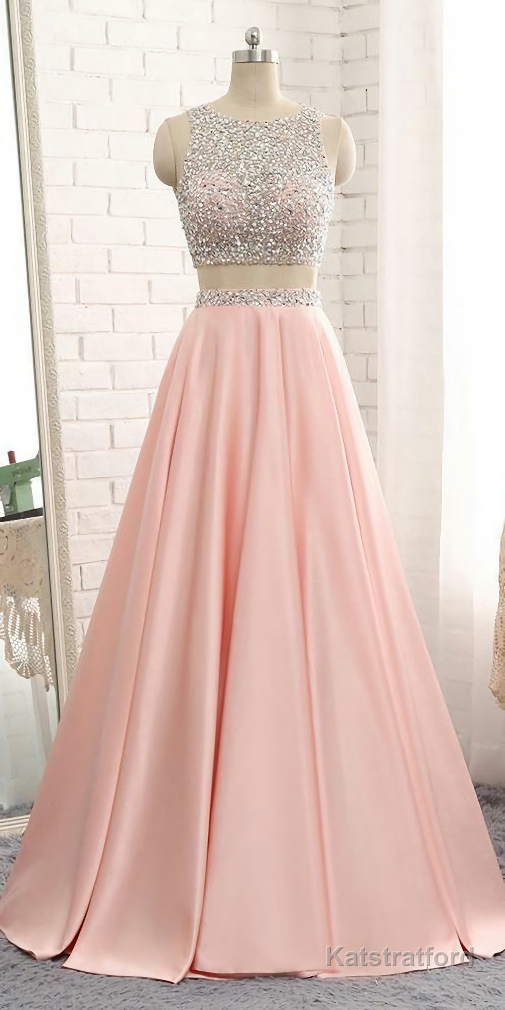2 Pieces Beaded 2025 Sequins Open Back Prom Dresses, Long Two Pieces School Dance Dress