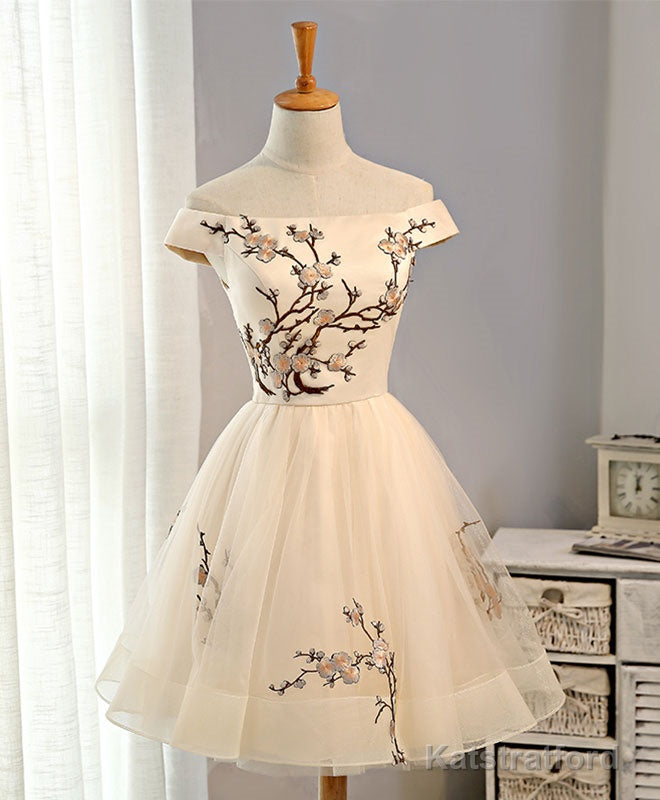 Champagne A-Line Tulle Short Prom Dress, Homecoming Dress