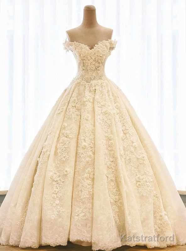 Champagne Ball Gown Off The Shoulder Flower Wedding Dress