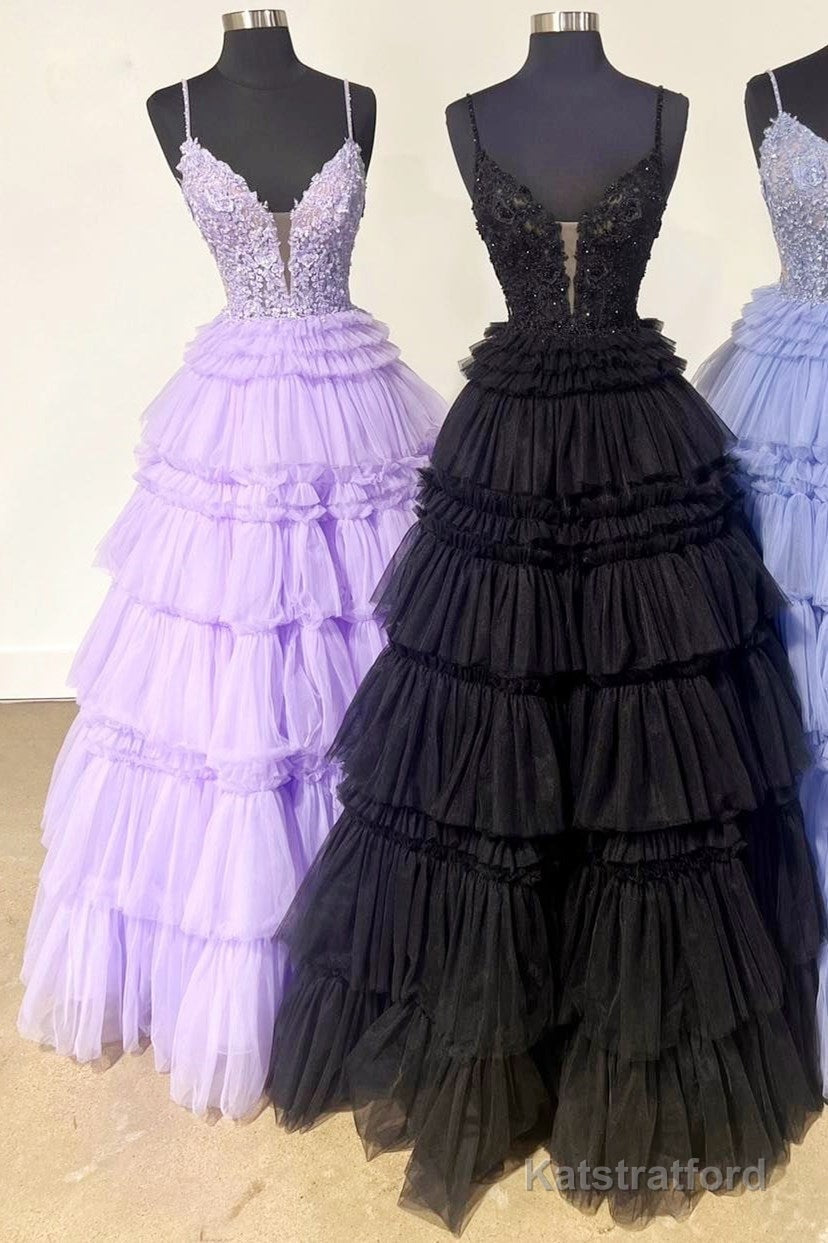 Champagne Beaded Spaghetti Strap Ruffle Tiered Ball Gown