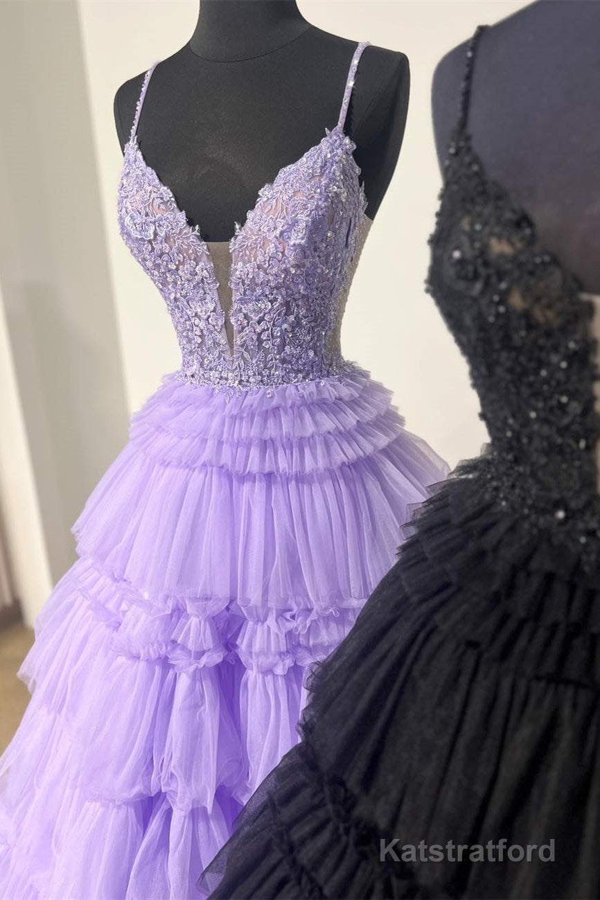 Champagne Beaded Spaghetti Strap Ruffle Tiered Ball Gown