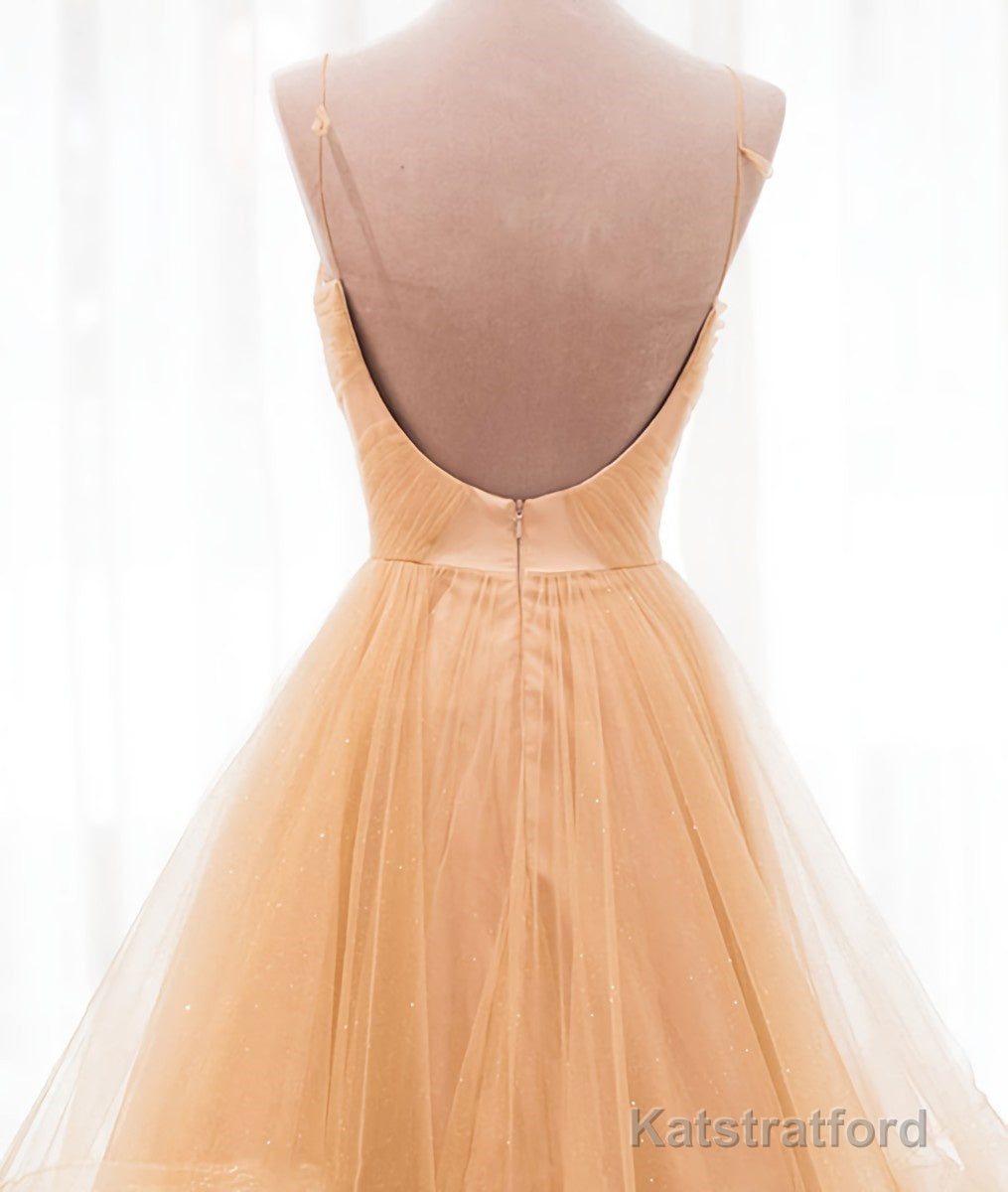 Champagne tulle long prom dress, champagne evening dress