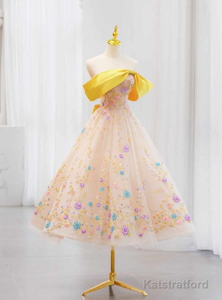 Champagne Tulle Sequins Strapless Tea Length Prom Dress