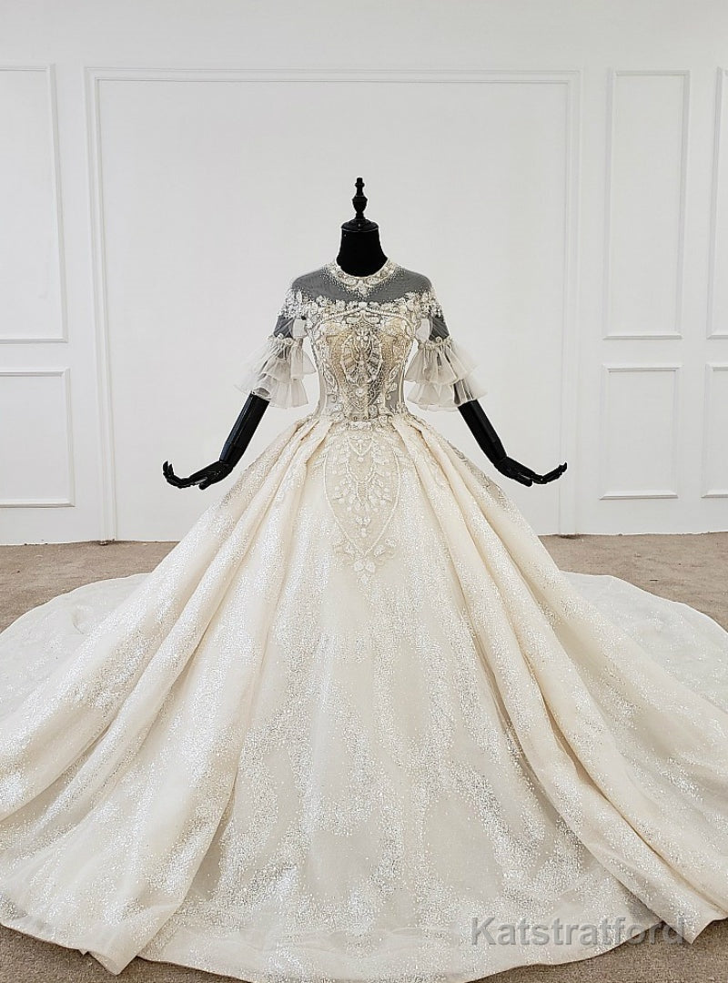 Champange Tulle Sequins Short Sleeve Backless Beading Wedding Dress