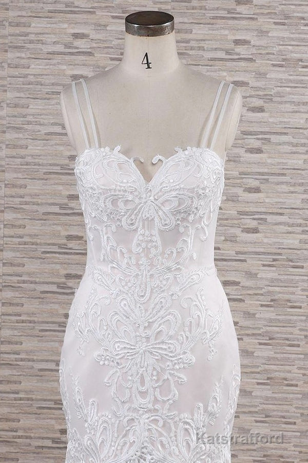 Chic Long Mermaid Sweetheart Spaghetti Strap Appliques Lace Wedding Dress