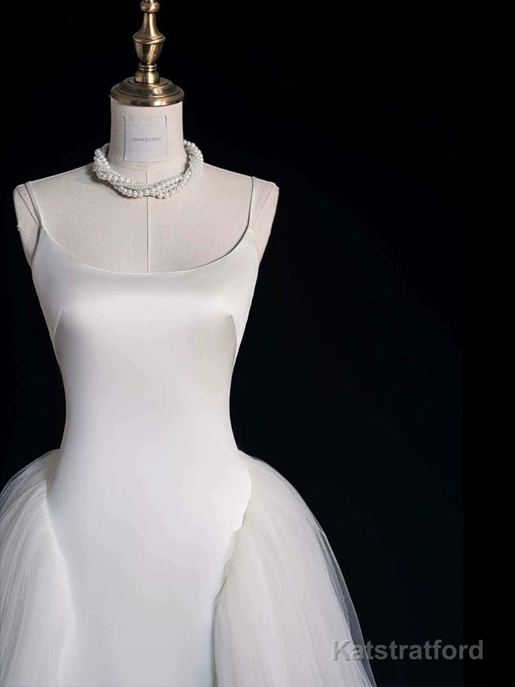 Chic Sheath Spaghetti Straps Sleeveless White Satin Wedding Dresses With Ruffles