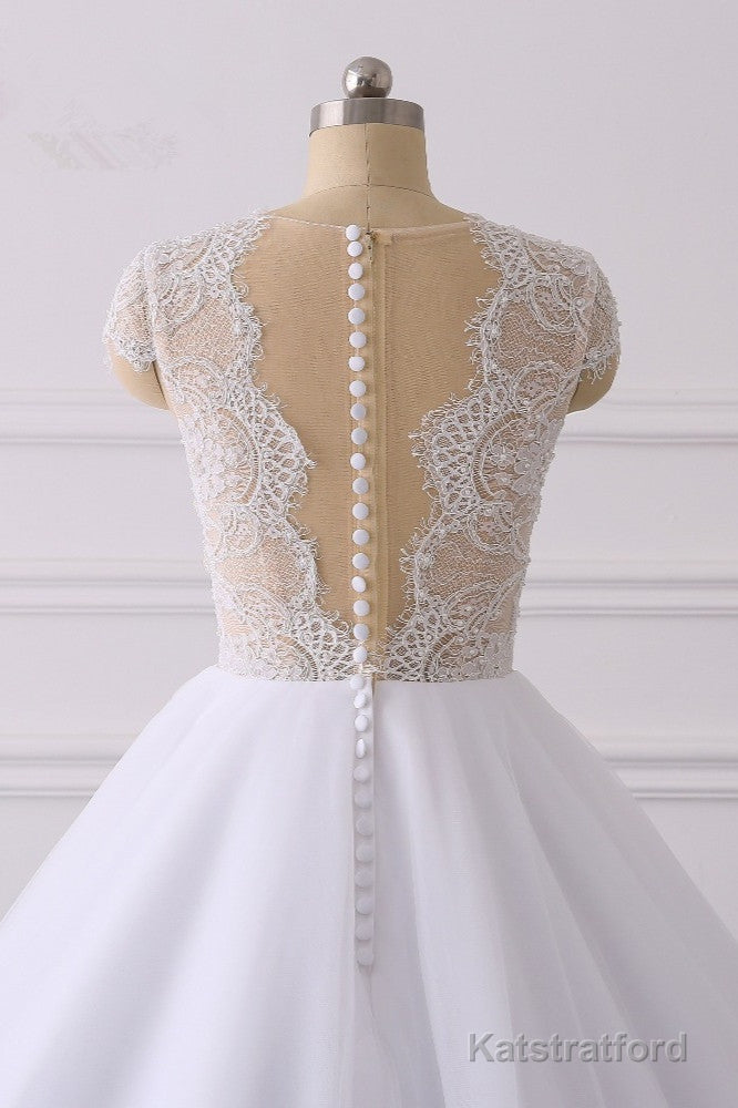 Classic Cap sleeves V neck White Ball Gown Lace Wedding Dress