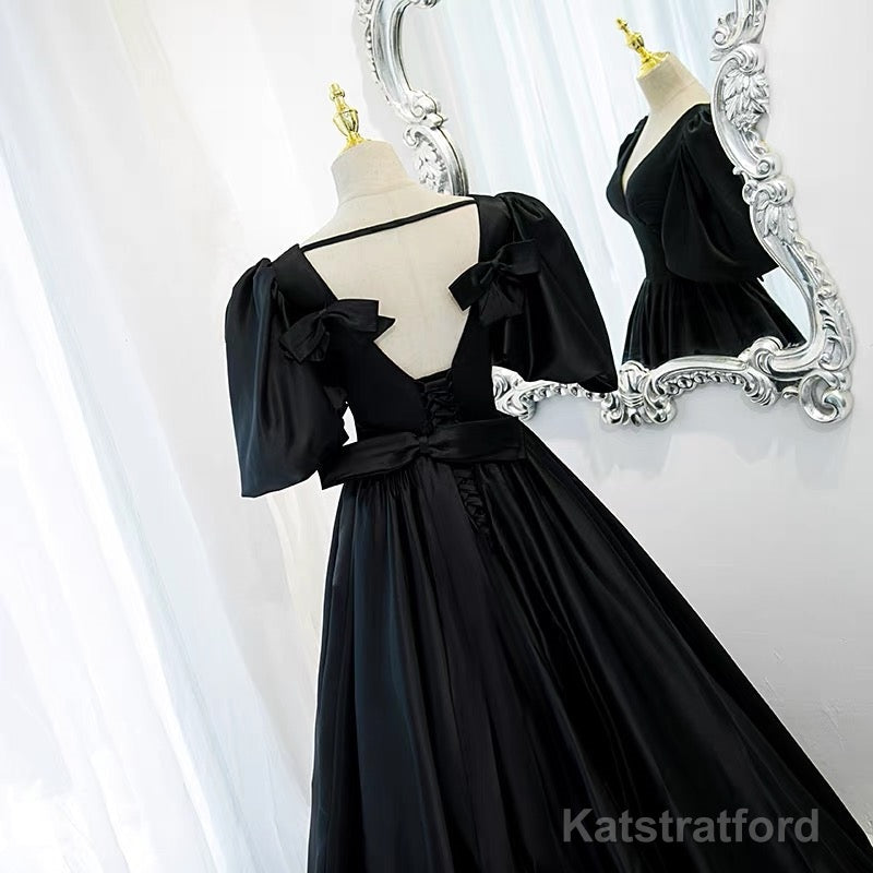 Classy Black Prom Dress Formal Dresses with Bubble Sleeves