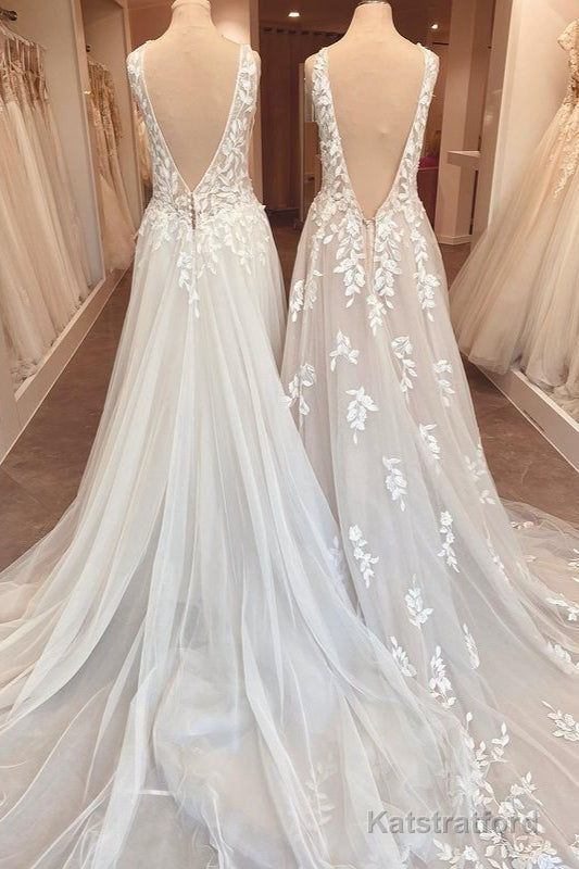 Classy Long A-Line Sweetheart Appliques Lace Open Back Wedding Dress