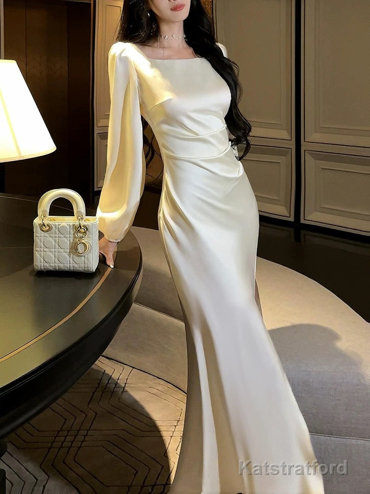 Classy Mermaid Square Neckline Long Sleeves Slit Prom Dresses Evening Gowns