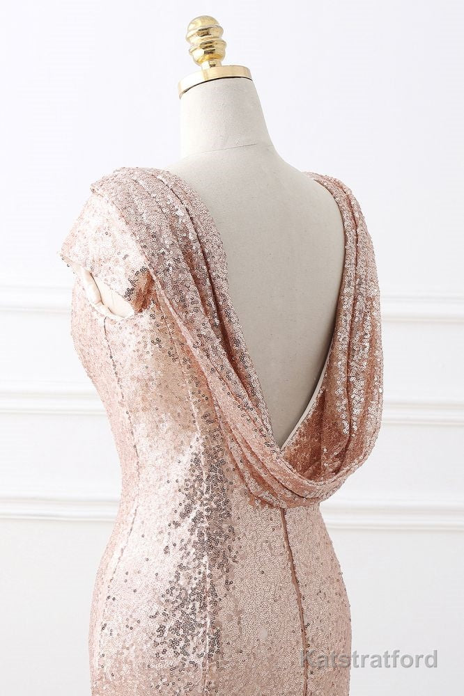 COURTNEY Fit and Flare Sweep train Sequined Rosy Golden Prom Party Gowns