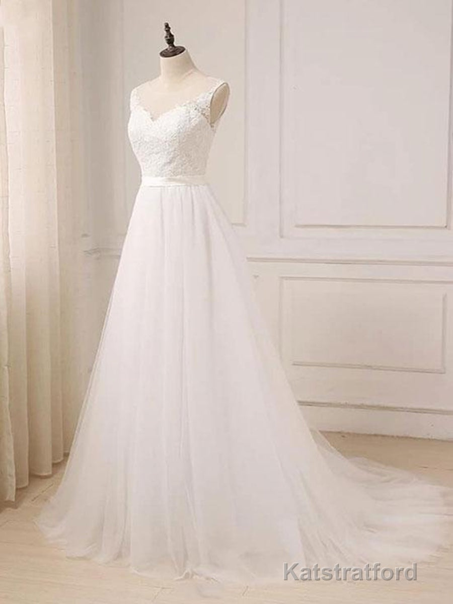 Custom Made A Line Round Neck Lace Tulle White Long Prom Dresses, White Lace Formal Dresses, White Evening Dresses