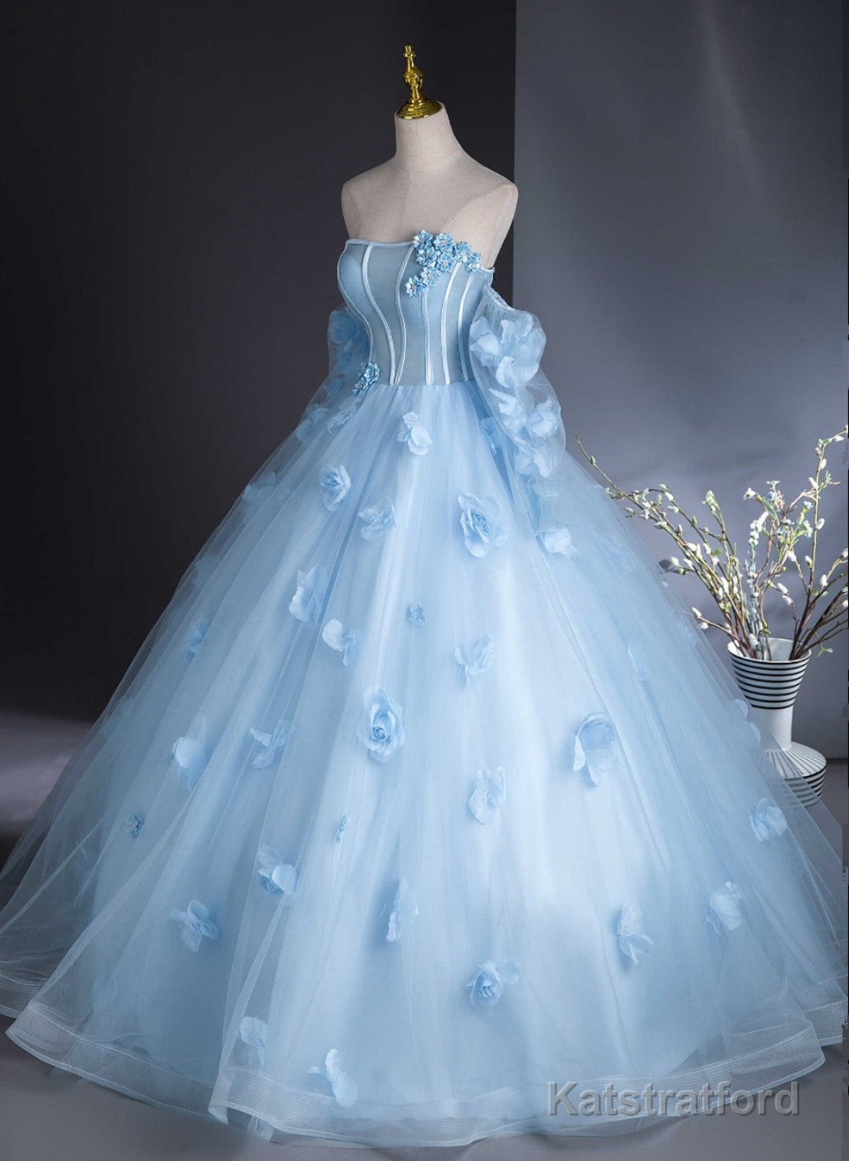Cute Blue Tulle With Flowers Long Formal Dress, Blue Evening Gown Sweet 16 Dress
