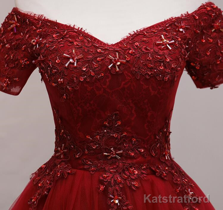 Cute Burgundy Off Shoulder Tulle Party Dress, Wine Red Homecoming Dress