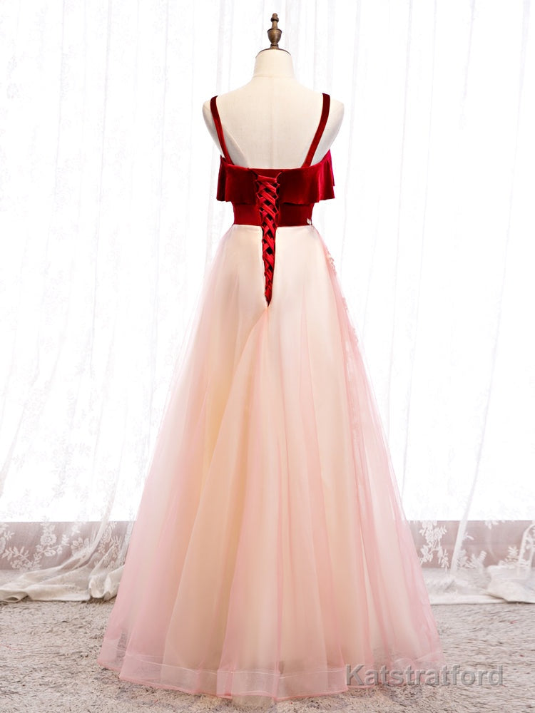 Cute Straps Velvet and Tulle Long Party Dress, A-line Evening Gown