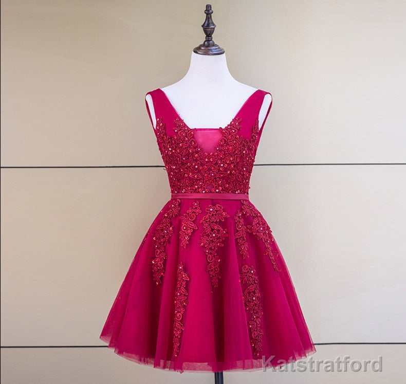 Cute Tulle V-neckline Beaded Short Prom Dress, Homecoming Dresses 2025