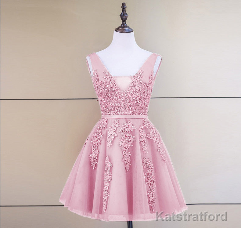 Cute Tulle V-neckline Beaded Short Prom Dress, Homecoming Dresses 2025