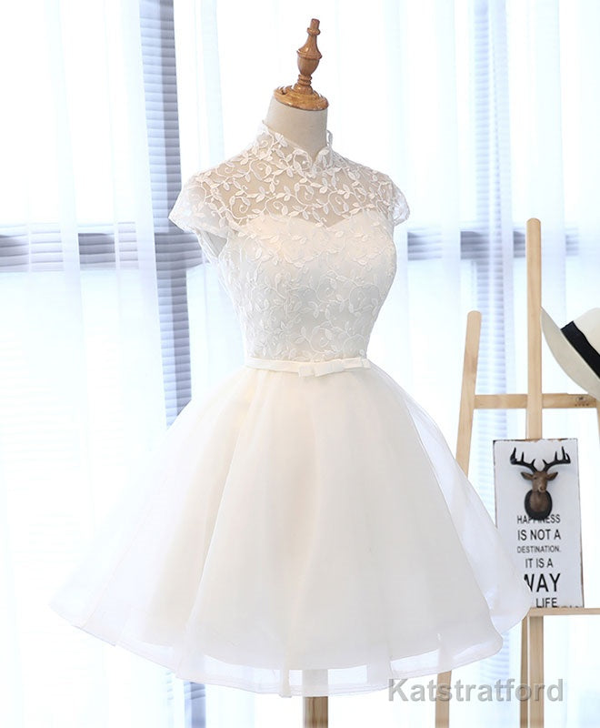 Cute White Lace Short Prom Dress, White Homecoming Dress