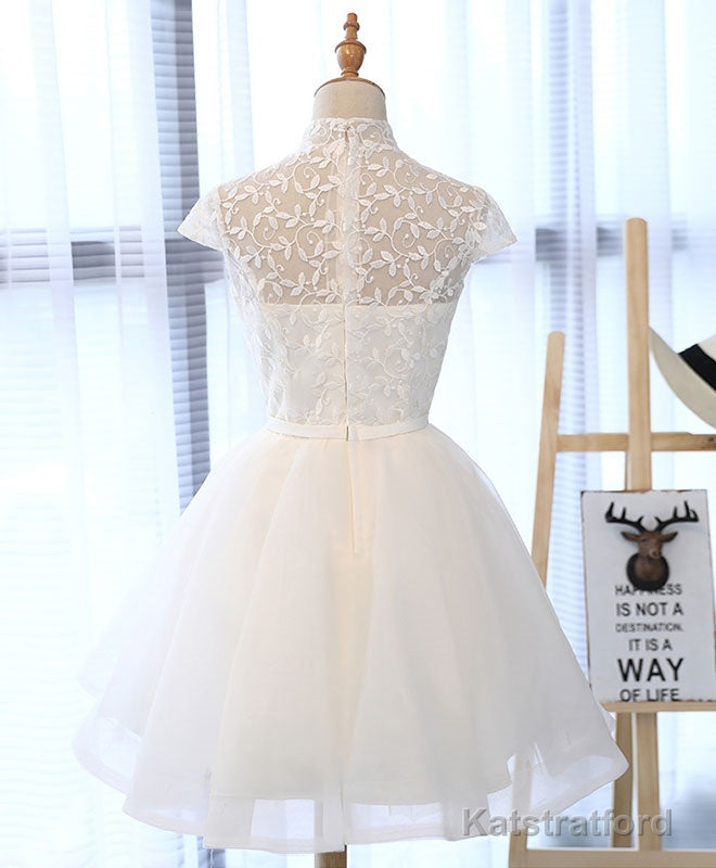 Cute White Lace Short Prom Dress, White Homecoming Dress
