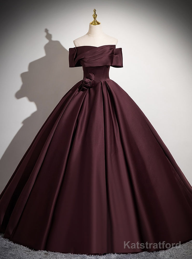 Dark Burgundy Satin Off the Shoulder Pleats Prom Dress
